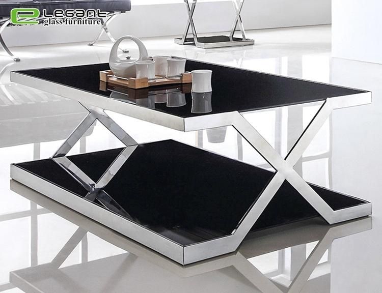 Modern Stainless Steel Based Leg Black Top Glass Coffee Table