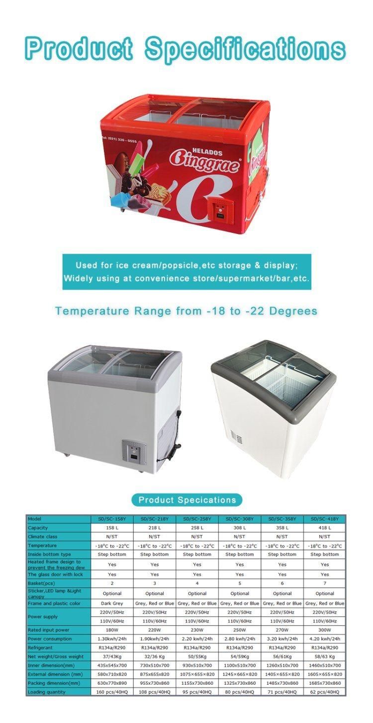 Glass Door Ice Cream Display Showcase Supermarket Freezers Horizontal Freezer SD/Sc-218y