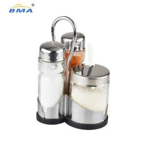 Wholesale Glass Stainless Steel Rack Picnic Table Condiment Set Spice Jars Vinegar Cruet 4PCS Spice Jar Set with Stand