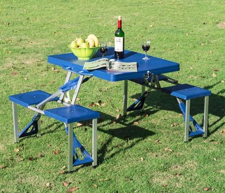 Plastic Blue Integrated Table and Chair Set Folding Table Outdoor Table with Umbrella