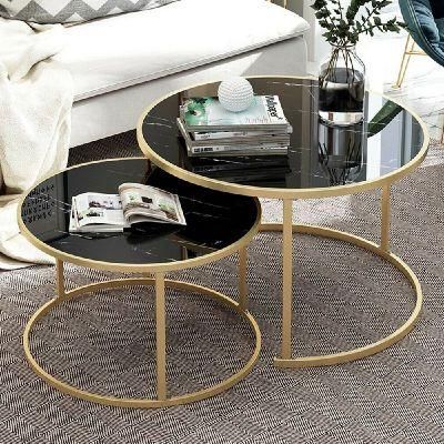 Modern Living Room Furniture Gold Painting Legs Round Glass Top Nesting Coffee Table Set