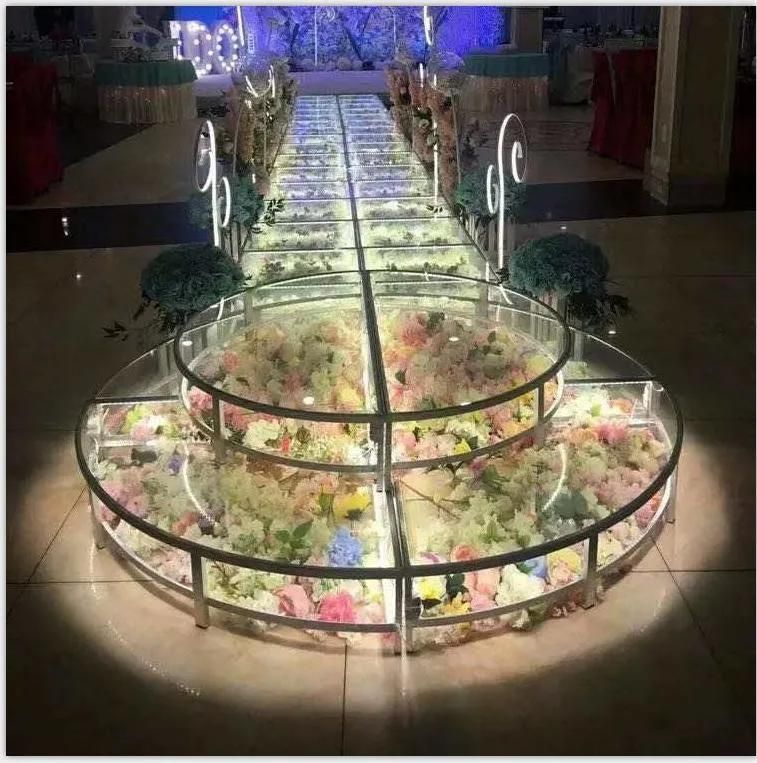 Yc-PF01 Easy Assemble Square Shape Diamond Tempered Glass Wedding Stage Runway with Flower and Light Decoration Platform