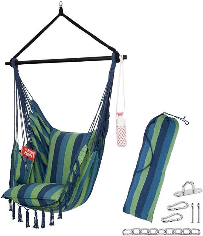 Hanging Chair 2 Cushions Drinks & Book Holder 500 Lbs Weight Capacity Hammock Chair for Bedrooms