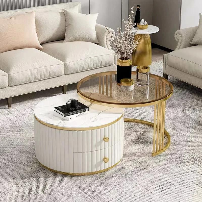 Hotel Tea Table Basse Storage Living Room Furniture Round Modern White Sintered Stone Luxury Gold Marble Glass Coffee Table