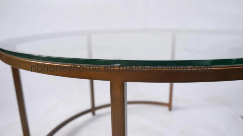Hand Brushed 2 Set Metal Frame Glass Top Round Coffee Table
