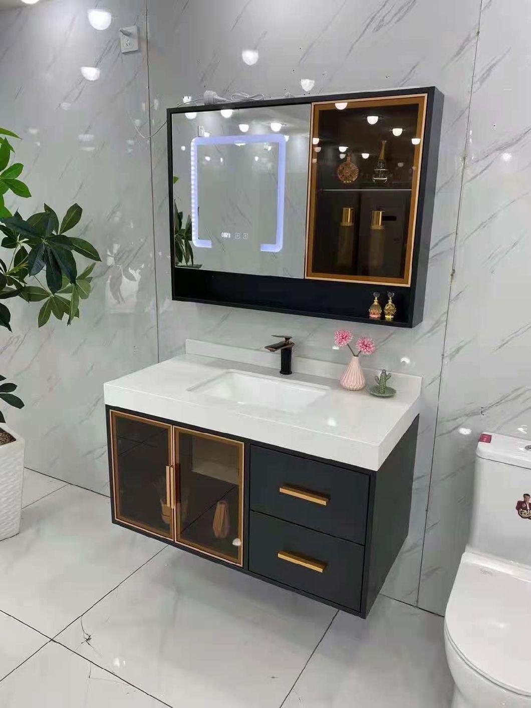 Brown Glass Door Latest Marble Stone LED Wall Smart Mirror Bathroom Vanity