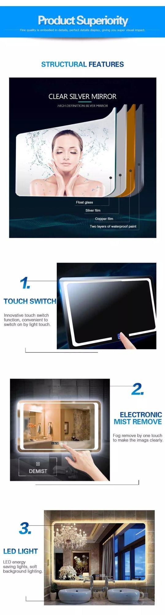 Hotel New Design Smart Home Wall Mirror Hotel Bathroom Makeup LED Light Smart Glass Furniture Mirror