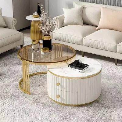 Hotel Tea Table Basse Storage Living Room Furniture Round Modern White Sintered Stone Luxury Gold Marble Glass Coffee Table