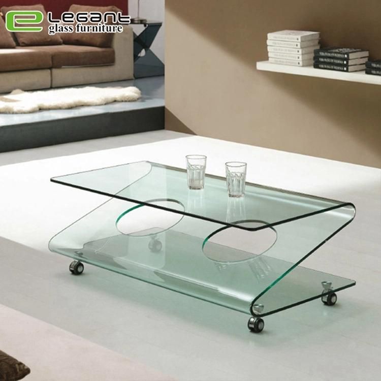 Bent Glass Center Table on Rotatable Wheels