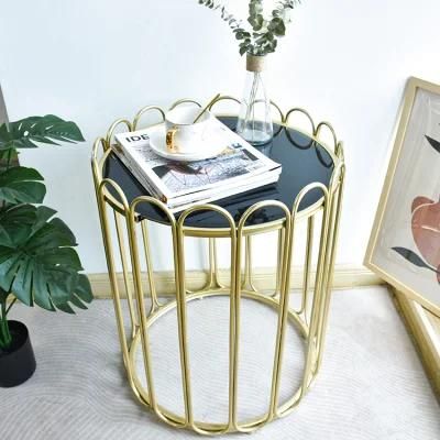 Dubai Elegant Style Black Featured Glass Desktop and Golden Lace Frame Metal Coffee Table Sets