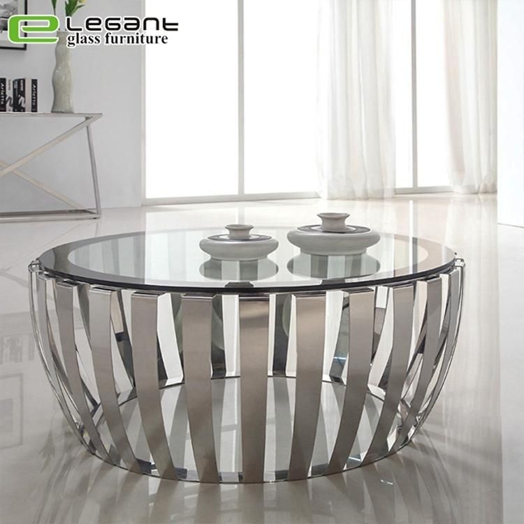 Modern Round Clear Tempered Glass Coffee Table with Stainless Steel Frame Base