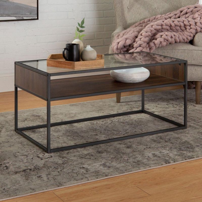 High Quality Industrial Style Glass Top and Wooden Walnut Veneer Shelf Metal Tube Legs Coffee Table for Room Hotel Office Use