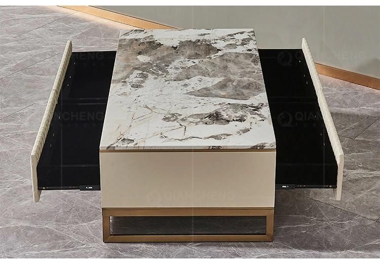 Modern Marble Top Gold Stainless Steel Legs Leather Smart Coffee Table for Living Room