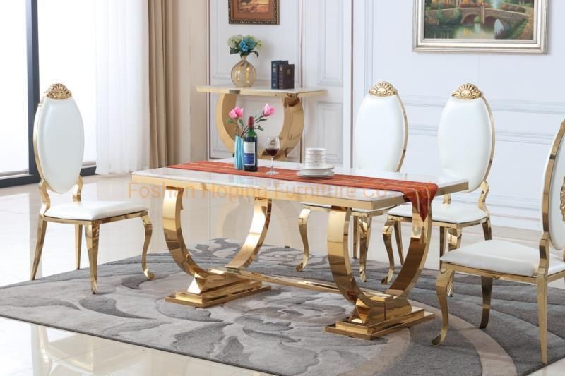 Classical Glass Top Dining Table with Gold Metal Stainless-Steel Frame Wedding Chair White Table Set
