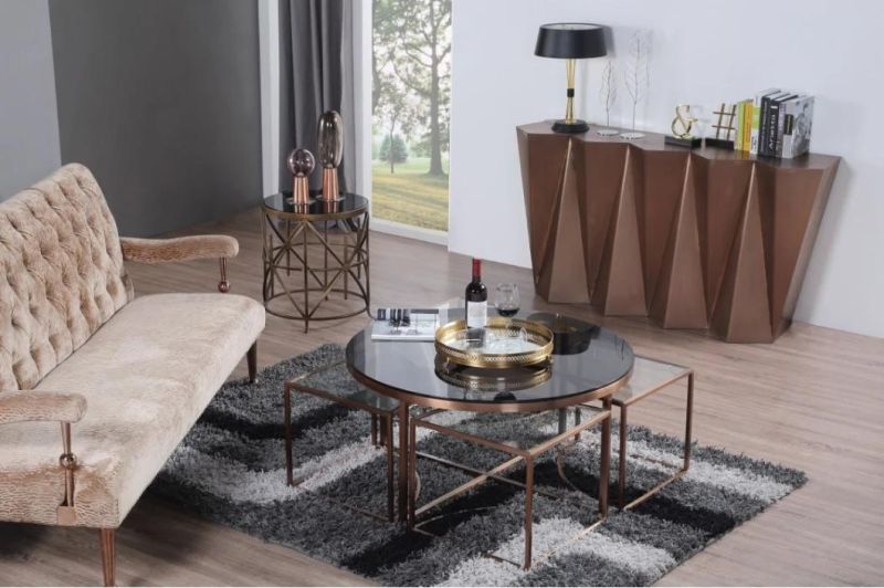 Rose Gold Stainless Steel Coffee Table with Smoke Tempered Glass Top