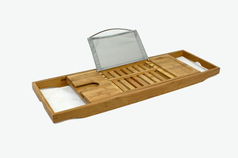 Bamboo Bathtub Caddy Tray Wooden Bath Tray with Extending Arms, Reading Rack, Tablet Holder, Cellphone Tray and Wine Glass Holder