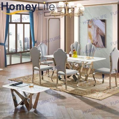 High Polishing Silver Chrome Stainless Steel Base White Marble Dining Table