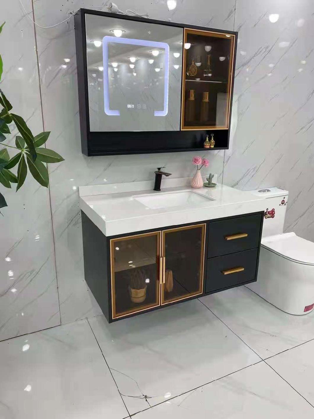 Brown Glass Door Latest Marble Stone LED Wall Smart Mirror Bathroom Vanity