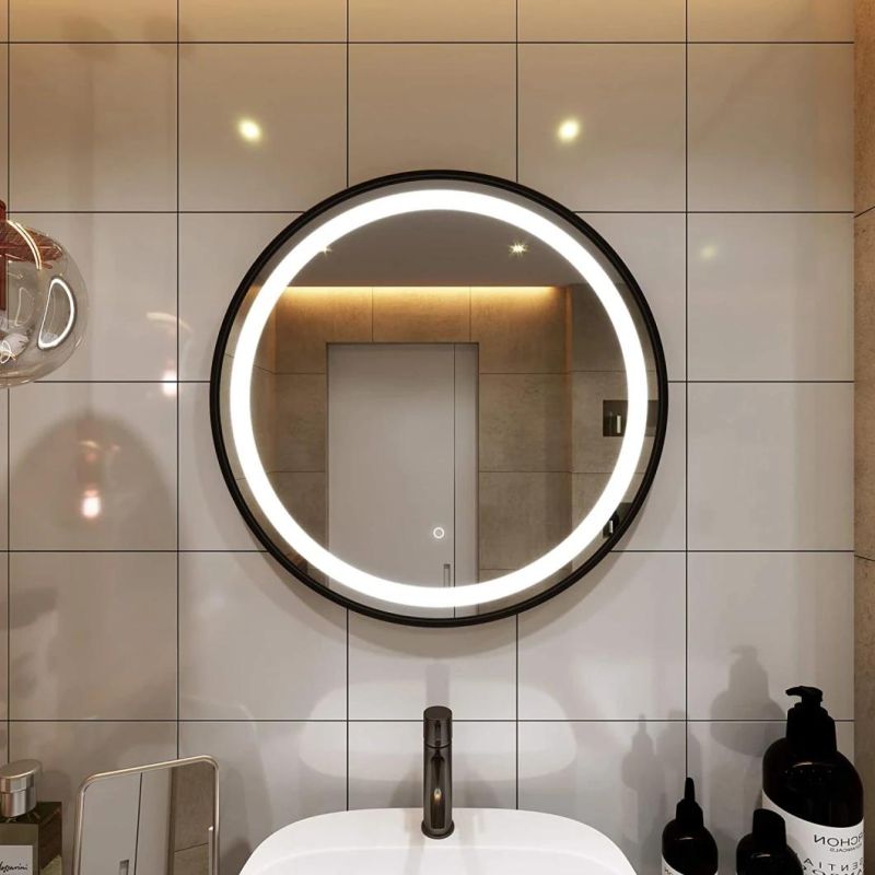 Round LED Lighting Bathroom Mirror, Black Frame, Wall Mounted Dimmable Memory Button, Waterproof