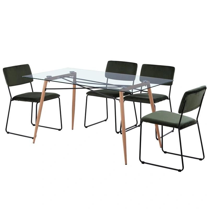 Modern Simple Home Fabric Chair Glass Square Wooden Legs Dining Tables and Chairs Set