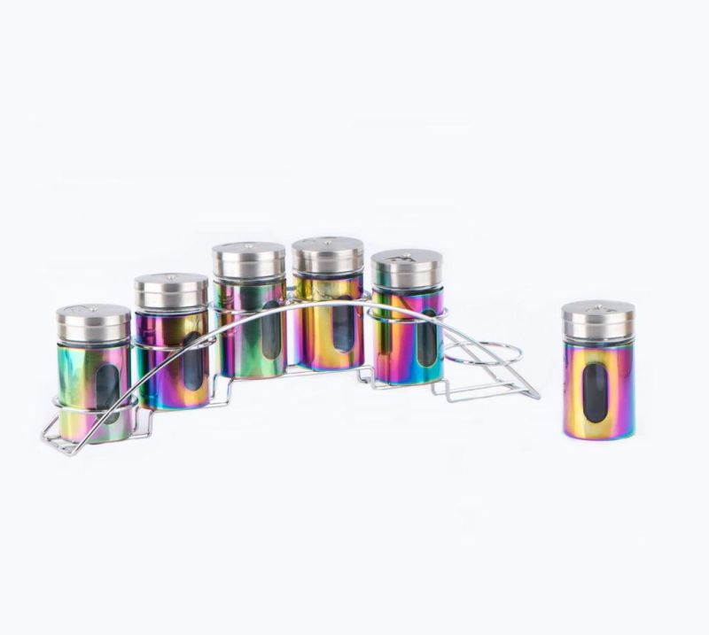 6PCS 80ml Glass Spice Jar Set with Stainless Steel Casing and Metal Rack