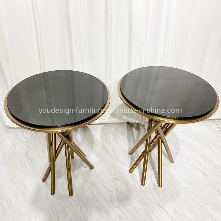 Living Room Furniture Gold Stainless Steel Legs Modern Glass Round Coffee Table Set Design for Sale