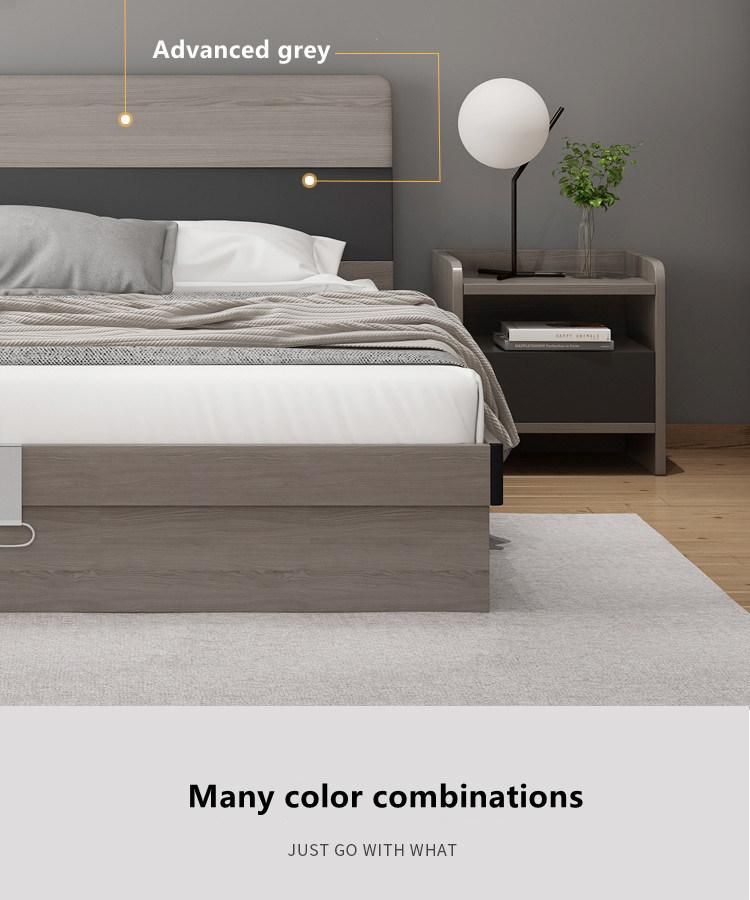 Mixed White Color Modern Wooden Style Bedroom Apartment Furniture PU Leather King Double Size Storage Bed with Night Stand