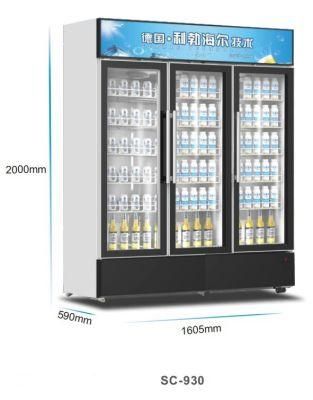 2022 Hot Sale 930L Three Glass Door Cooler Chiller Upright Beverage Showcase Display Freezer Supermarket