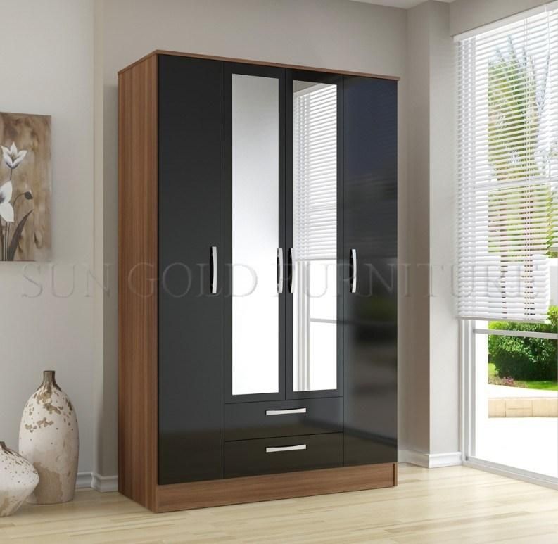 Modern Home Bedroom Furniture Swing Mirror High Gloss Three Doors Wardrobe