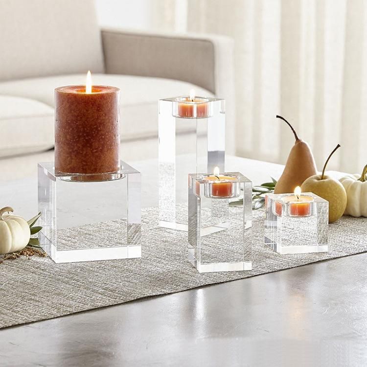 Solid Square Clear Glass Table Centerpiece Classic Cube Crystal Candle Holder