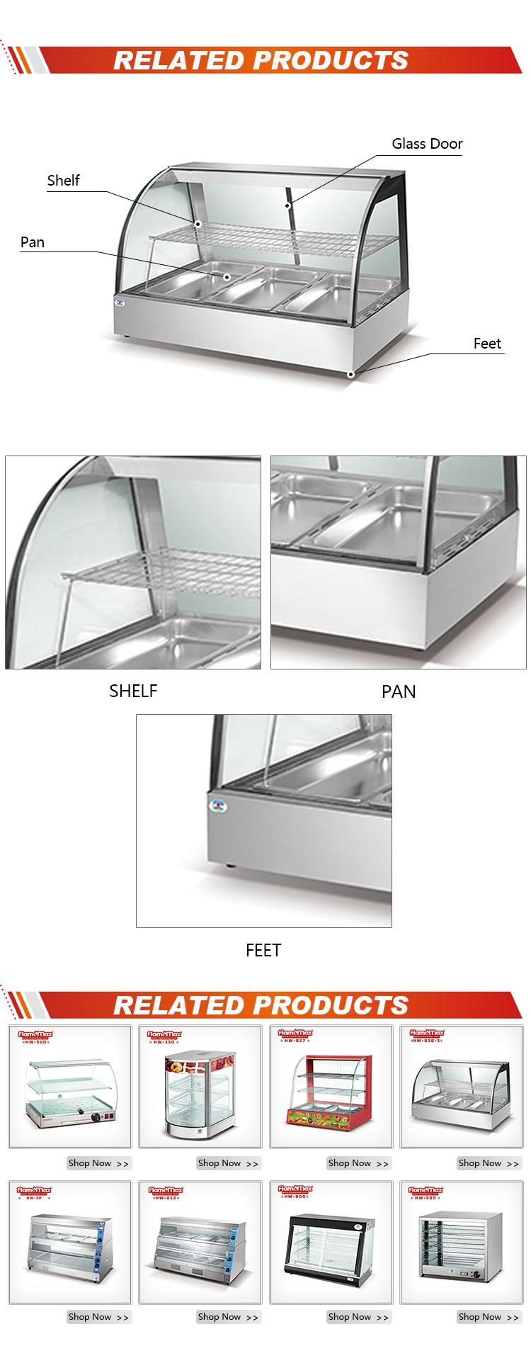 Hw-838 Food Warmer Stainless Steel Curved Glass Heater Food Showcase Food Display Warmer with 2 Pans