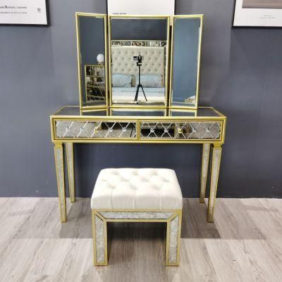 Dubai Golden Mirrored Furniture Bedroom Set Make up Dressing Table with Mirror