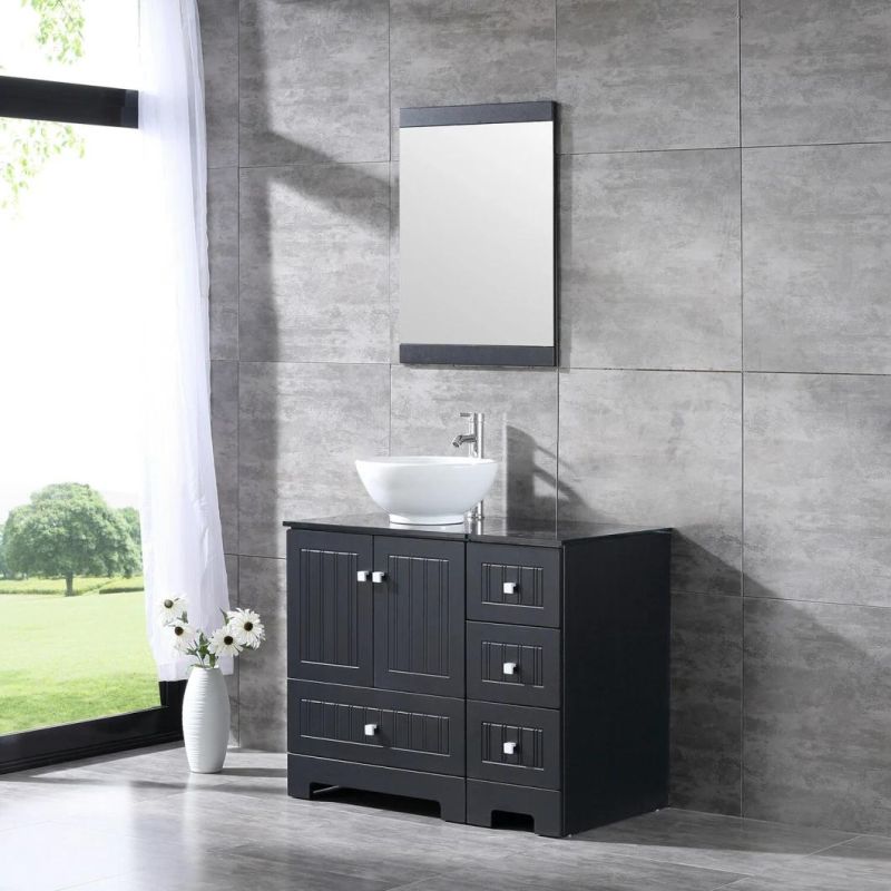 36inch Bathroom Vanity PVC Cabinet Porcelain Vessel Sink Bowl W/Glass Top Sets