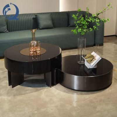 Luxury Brushed Black Steel Base with Glass and Crystal Natural Marble Top Round Coffee Table