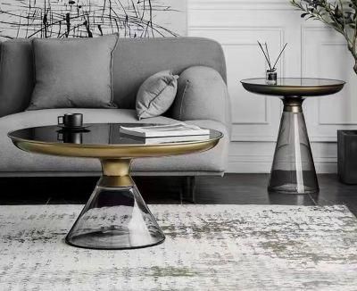 Interior Removable Round Chrome Brass Top Coffee Table Transparent Glass Base Round Shape Tray Coffee Center Table