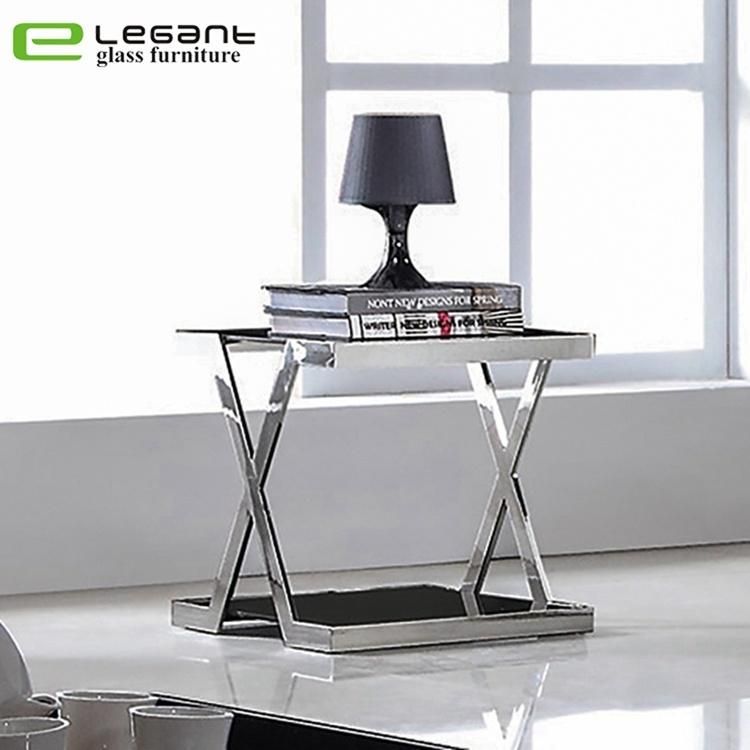 Furniture Top Black Glass Side Table with Stainless Steel Base