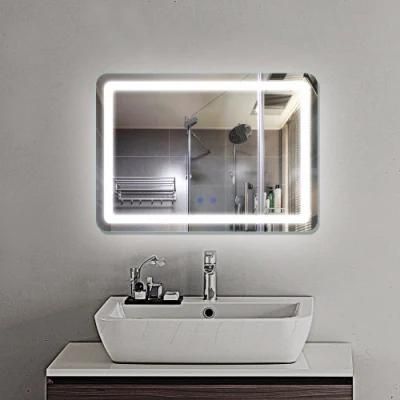Slim Frameless 50X70cm Round Corner LED Lighted Glass Silver Wall Mirror for Hotel and Home Decoration