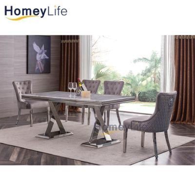 Luxury Style Home Outdoor Furniture Stainless Steel Legs Marble Top Dining Table with 6 Seat Modern Dining Chairs