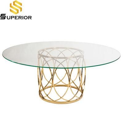 Modern Design Wedding Flower Gold Chrome Base Glass Dining Table