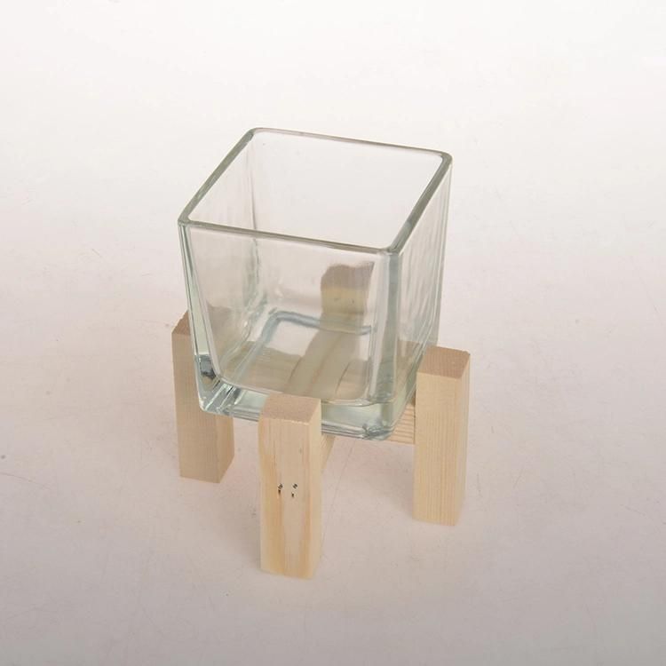 Eco-Friendly Elegant Square Clear Cheap Glass Candle Holder Jar with Wooden Rack for Home Decoration