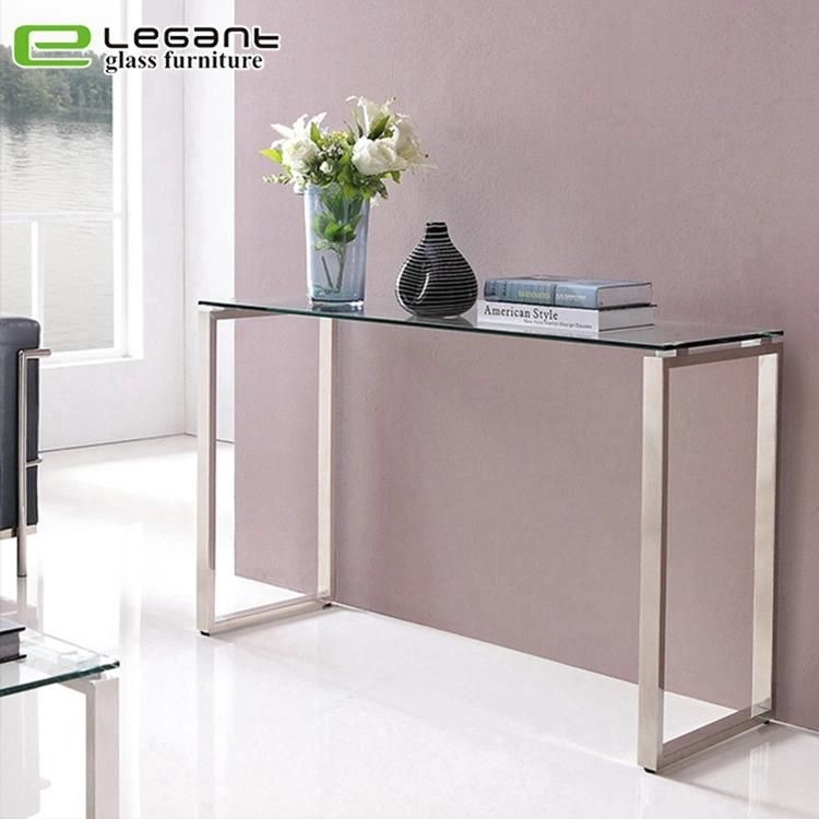 Bent Glass Console Table with Glass Shelf and High Gloss White Painting MDF Drawers