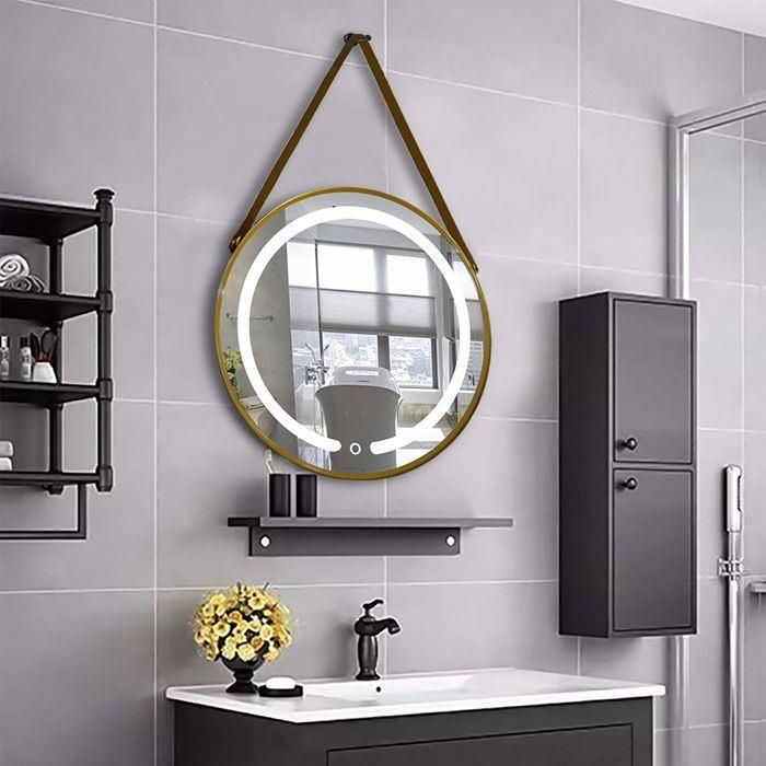 Hotel Decoration Wall Mounted Round Black Metal Framed LED Lighted Bathroom Mirror