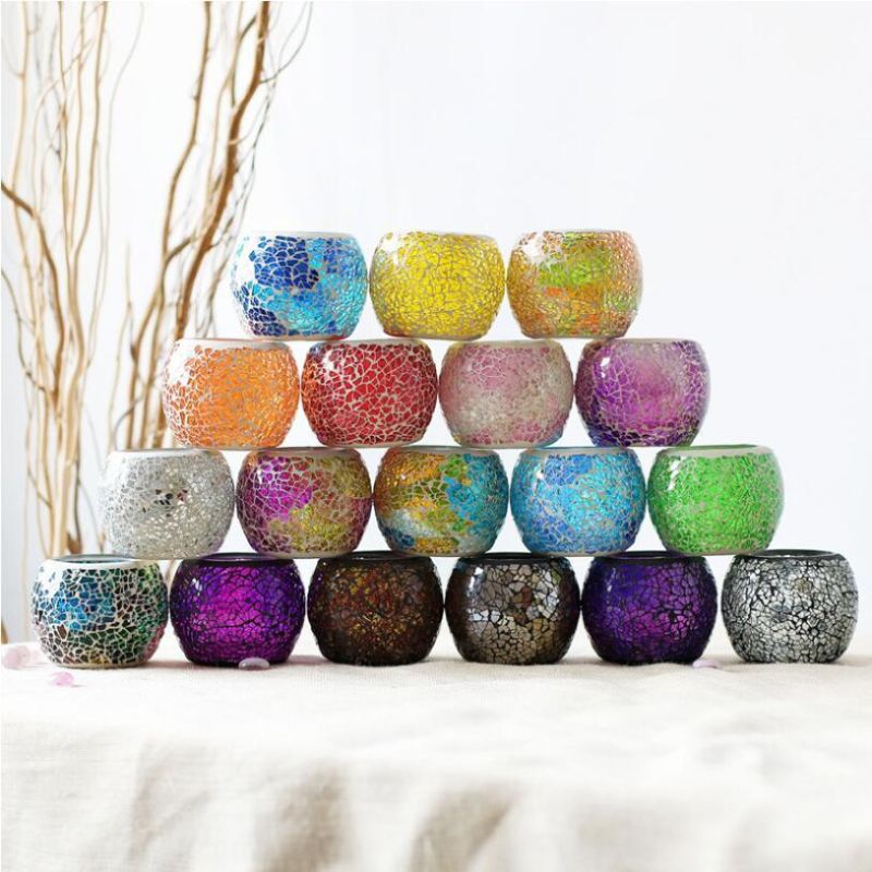High Quality Handmade Cracked Glass Candle Jar Multi-Color Tealight Holders