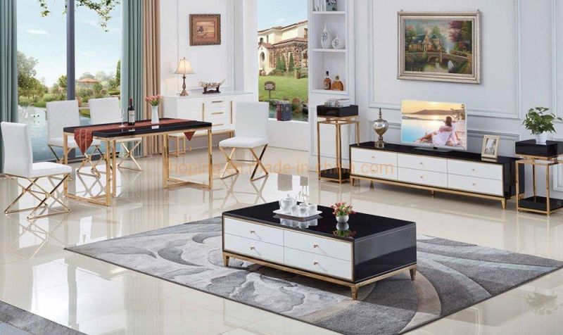 Black Modern Coffee Table with 4 Drawers Tempered Glass Top Metal Storage Shelf Hotel Table