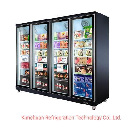 Upright Commercial Equipment Supermarket Drinking Display 4 Glass Door Refrigerator Low Temperature Freezer Showcase