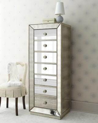 Factory Price New Style Compact Silver Glass Mirrored Tallboy Drawers