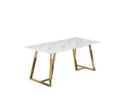 Home Restaurant Garden Furnituretempered Glass Marble Table Top Stainless Steel Tube Leg Modern Dining Table