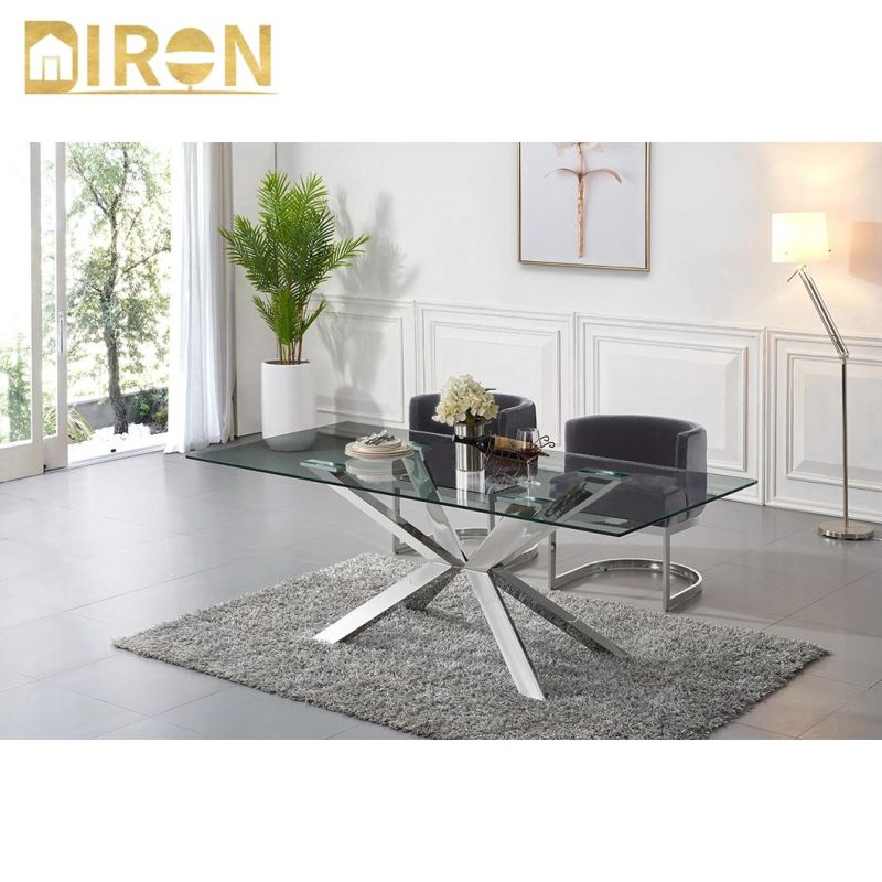 Wholesale Luxury Stainless Steel Chrome Frame Rectangle Shape 12mm Tempered Glass Dining Table