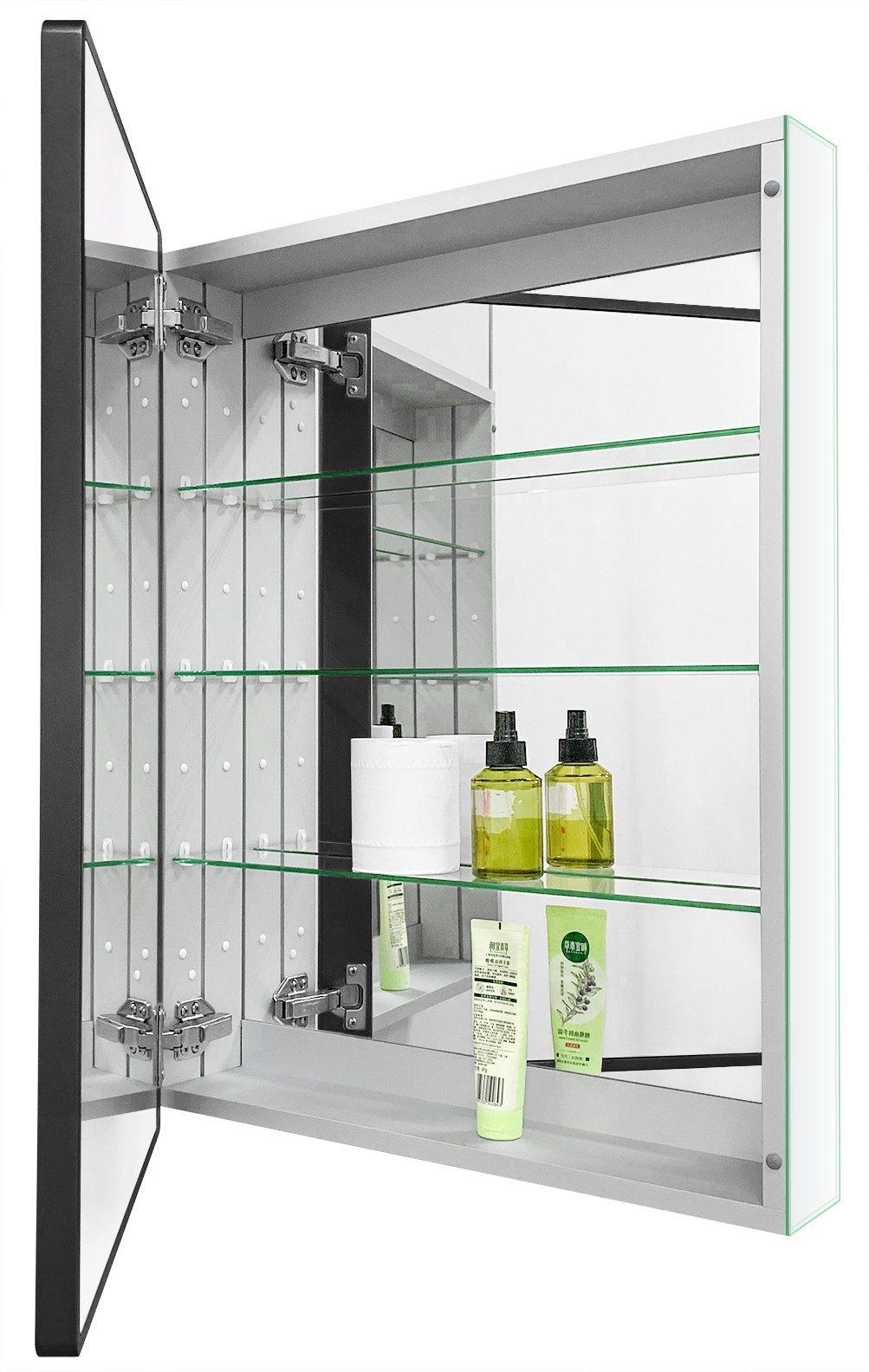Aluminum Bathroom Mirror Cabinet Black Wood Framed Wall Aluminum Alloy Waterproof Medicine Cabinet Northern Europe Storage Hanging Cabinet with Single Door for