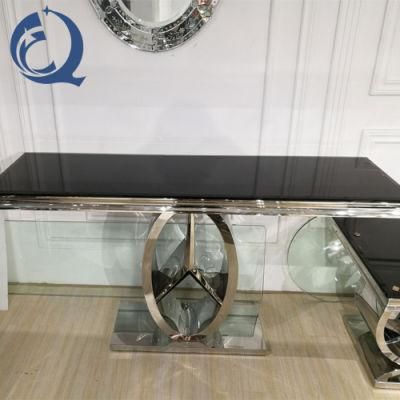 Modern Furniture Mercedes Shape Stainless Steel Base Black Glass Console Table